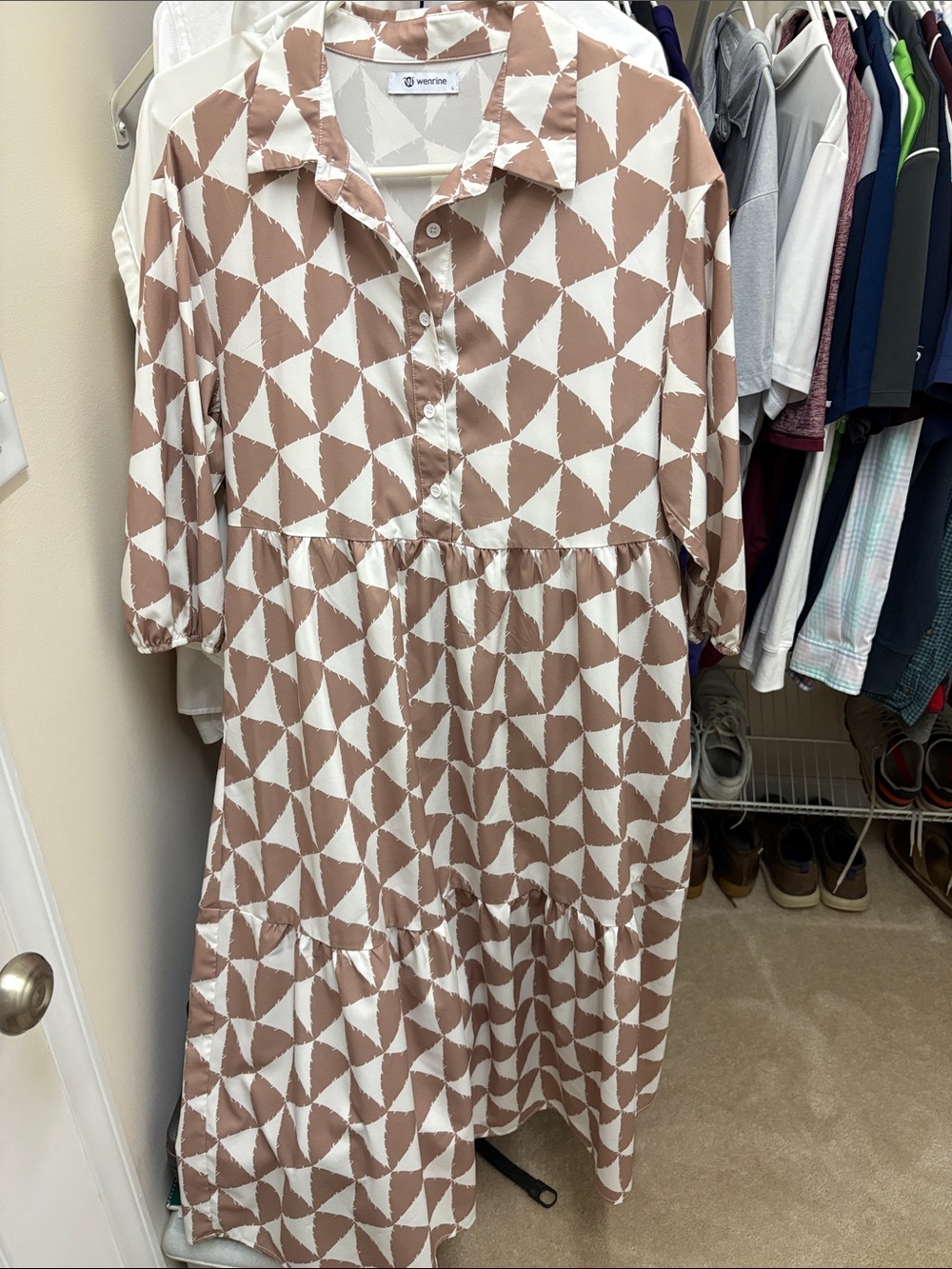 Women Brown & White Geometric Tiered Button-Front Dress